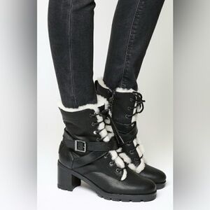 UGG Black Leather Combat Boots with White Shearling Trim